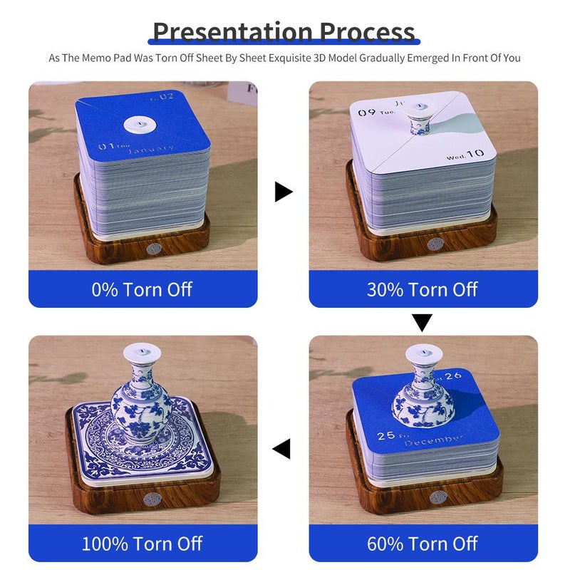 Time Piece Calendar 2026,3D Blue and White Porcelain Memo Pad with LED Light,2026 3D Calendar DIY Paper Carving Art Desktop Decoration Gift for Christmas Birthday - Image 5